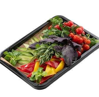 Овощное Плато (томаты черри на ветке, сладкий перец, огурец свежий, бакинская зелень(базилик красный, эстрагон, кинза, мята)