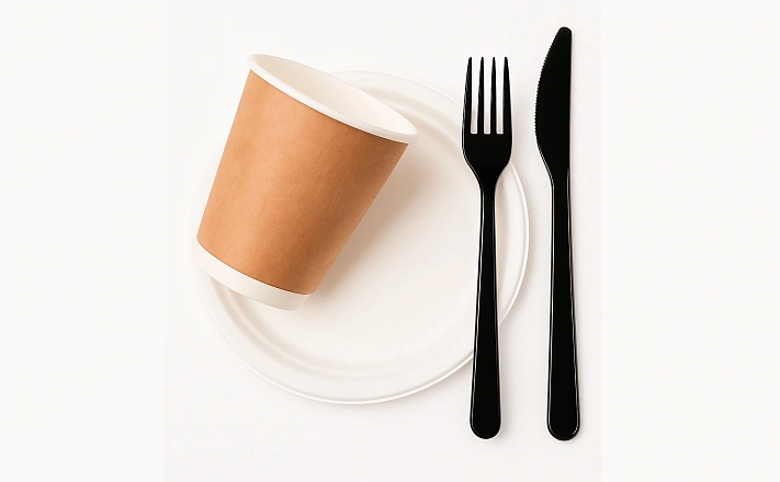 Посуда : Набор одноразовой посуды на 1 персону (тарелка, приборы, стаканчик, салфетка)