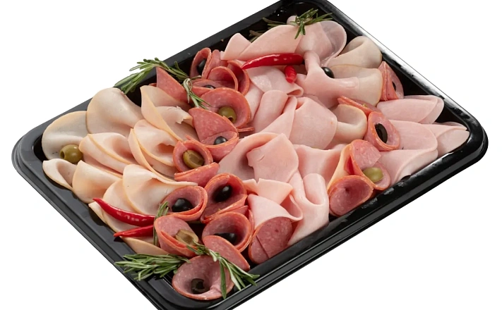 Холодные закуски : Мясной микс (индейка варёно-копчёная, сервелат варёно-копчёный, ветчина из индейки)